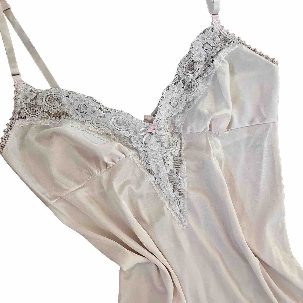 Vintage 70s 80s Lingerie Coquette Slip Dress Lace Ribbon Place Pink FLAW Size M